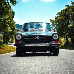 An old black Toyota car captured from a front left upside angle, showcasing its classic silhouette and vintage charm