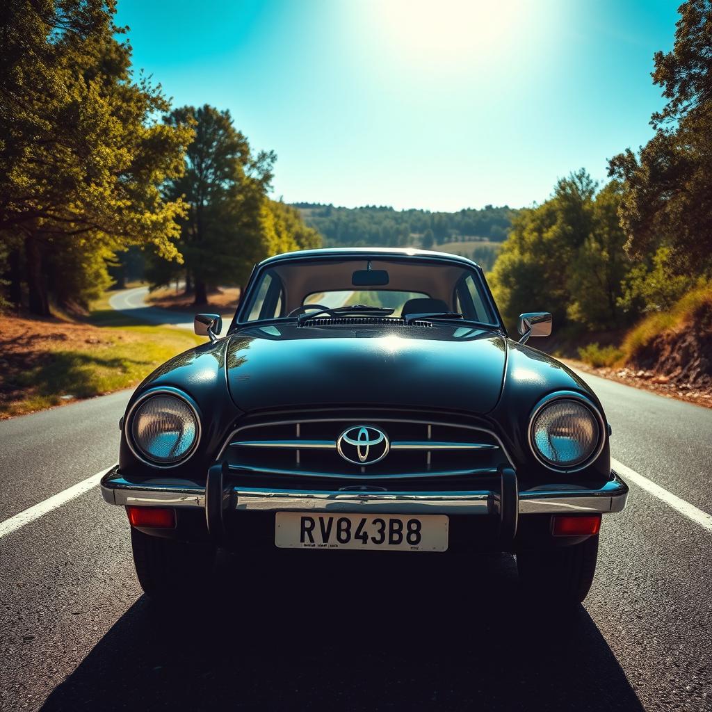 An old black Toyota car captured from a front left upside angle, showcasing its classic silhouette and vintage charm