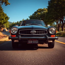 An old black Toyota car captured from a front left upside angle, showcasing its classic silhouette and vintage charm