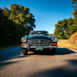 An old black Toyota car captured from a front left upside angle, showcasing its classic silhouette and vintage charm