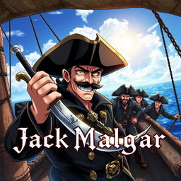 Cover art for a dark anime titled "Jack Malgar", featuring an evil pirate captain smiling wickedly, holding a scimitar sword in his left hand