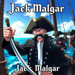 Cover art for a dark anime titled "Jack Malgar", featuring an evil pirate captain smiling wickedly, holding a scimitar sword in his left hand