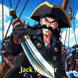 Cover art for a dark anime titled "Jack Malgar", featuring an evil pirate captain smiling wickedly, holding a scimitar sword in his left hand