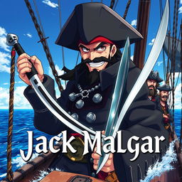 Cover art for a dark anime titled "Jack Malgar", featuring an evil pirate captain smiling wickedly, holding a scimitar sword in his left hand