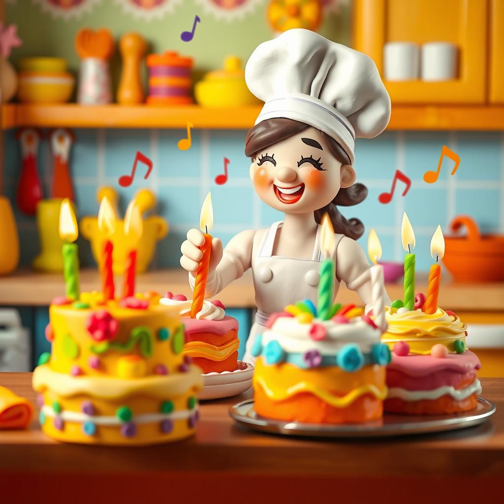 A lively scene featuring a playdough female baker placing candles onto her colorful cakes that are joyfully dancing around her