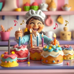 A lively scene featuring a playdough female baker placing candles onto her colorful cakes that are joyfully dancing around her