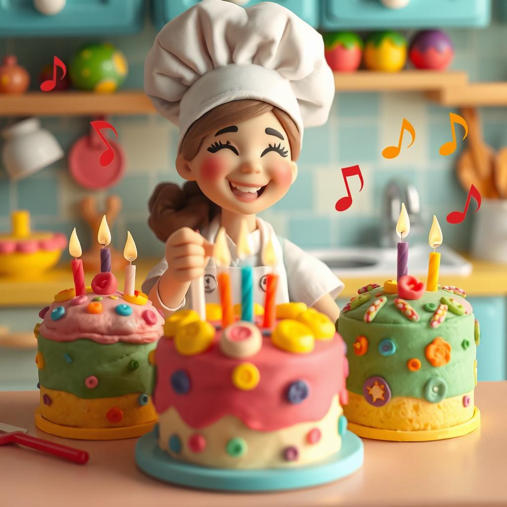 A lively scene featuring a playdough female baker placing candles onto her colorful cakes that are joyfully dancing around her