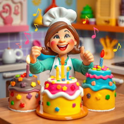 A lively scene featuring a playdough female baker placing candles onto her colorful cakes that are joyfully dancing around her