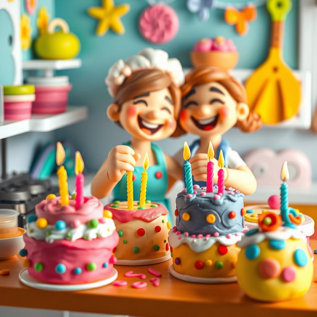 A whimsical scene featuring a playdough female baker joyfully placing candles onto her colorful cakes, which are dancing around her as if filled with joy