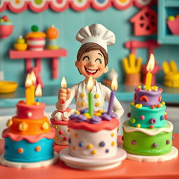 A whimsical scene featuring a playdough female baker joyfully placing candles onto her colorful cakes, which are dancing around her as if filled with joy