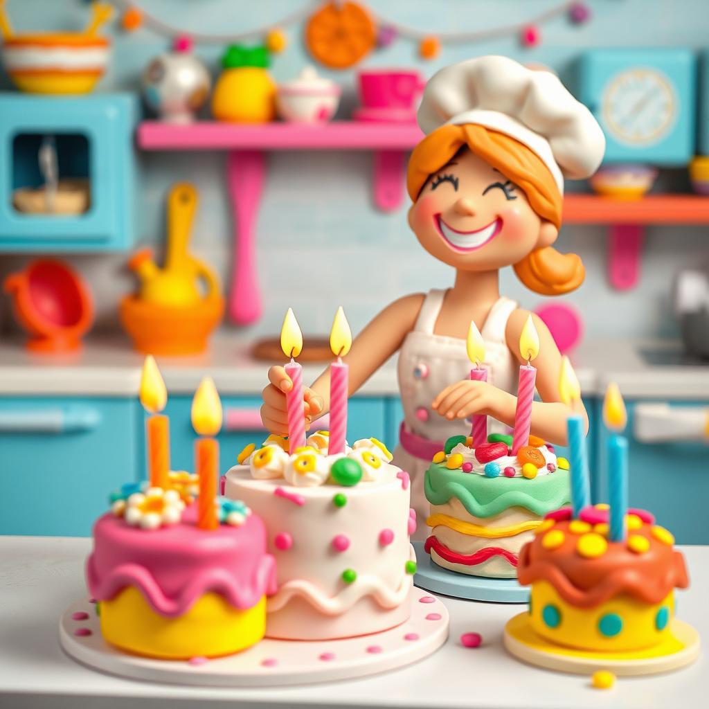 A whimsical scene featuring a playdough female baker joyfully placing candles onto her colorful cakes, which are dancing around her as if filled with joy