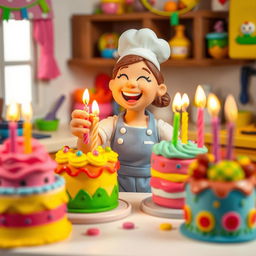 A whimsical scene featuring a playdough female baker joyfully placing candles onto her colorful cakes, which are dancing around her as if filled with joy