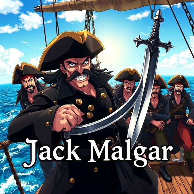 Cover art for a dark anime titled "Jack Malgar", featuring an evil pirate captain grinning with a wicked smile, holding a scimitar sword in his left hand