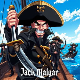 Cover art for a dark anime titled "Jack Malgar", featuring an evil pirate captain grinning with a wicked smile, holding a scimitar sword in his left hand