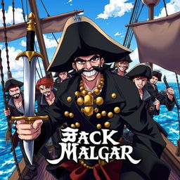 Cover art for a dark anime titled "Jack Malgar", featuring an evil pirate captain grinning with a wicked smile, holding a scimitar sword in his left hand