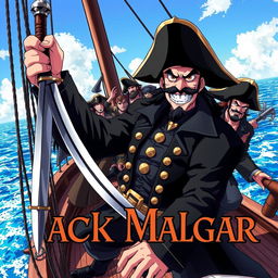 Cover art for a dark anime titled "Jack Malgar", featuring an evil pirate captain grinning with a wicked smile, holding a scimitar sword in his left hand