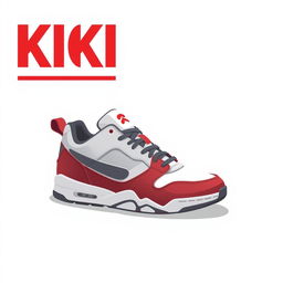 A single 2D sneaker featuring a color scheme of white, grey, and blood red, placed against a white background