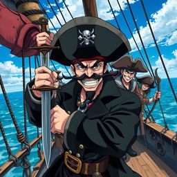 Cover art for a dark anime titled "Jack Malgar", featuring a wicked pirate captain grinning mischievously, holding a scimitar sword in his left hand