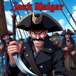 Cover art for a dark anime titled "Jack Malgar", featuring a wicked pirate captain grinning mischievously, holding a scimitar sword in his left hand