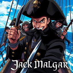 Cover art for a dark anime titled "Jack Malgar", featuring a wicked pirate captain grinning mischievously, holding a scimitar sword in his left hand