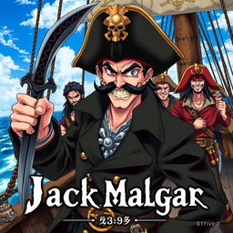 Cover art for a dark anime titled "Jack Malgar", featuring a wicked pirate captain grinning mischievously, holding a scimitar sword in his left hand