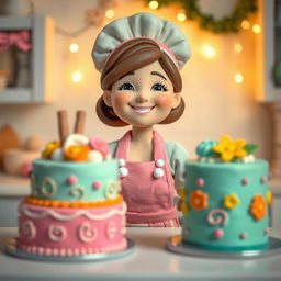 A charming scene featuring a female baker made of playdough, with the camera focusing on beautifully decorated cakes as soft, twinkling lights enhance the ambiance around them