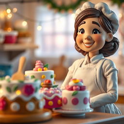 A charming scene featuring a female baker made of playdough, with the camera focusing on beautifully decorated cakes as soft, twinkling lights enhance the ambiance around them