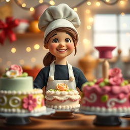 A charming scene featuring a female baker made of playdough, with the camera focusing on beautifully decorated cakes as soft, twinkling lights enhance the ambiance around them