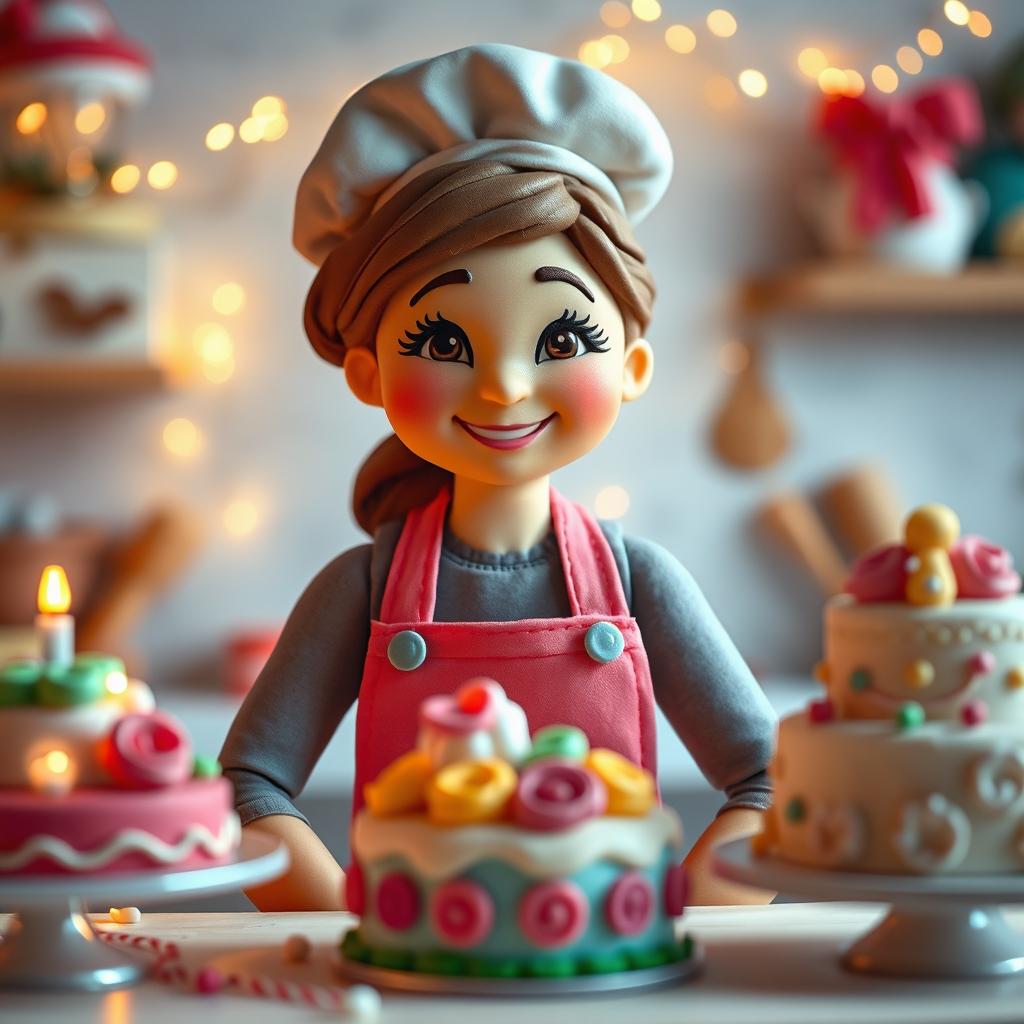 A charming scene featuring a female baker made of playdough, with the camera focusing on beautifully decorated cakes as soft, twinkling lights enhance the ambiance around them