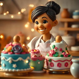 A delightful scene featuring a playdough female baker, with the camera initially focusing on her beautifully decorated cakes as soft, twinkling lights gently flicker around them