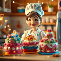 A delightful scene featuring a playdough female baker, with the camera initially focusing on her beautifully decorated cakes as soft, twinkling lights gently flicker around them