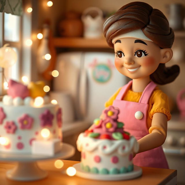 A delightful scene featuring a playdough female baker, with the camera initially focusing on her beautifully decorated cakes as soft, twinkling lights gently flicker around them