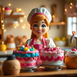 A delightful scene featuring a playdough female baker, with the camera initially focusing on her beautifully decorated cakes as soft, twinkling lights gently flicker around them