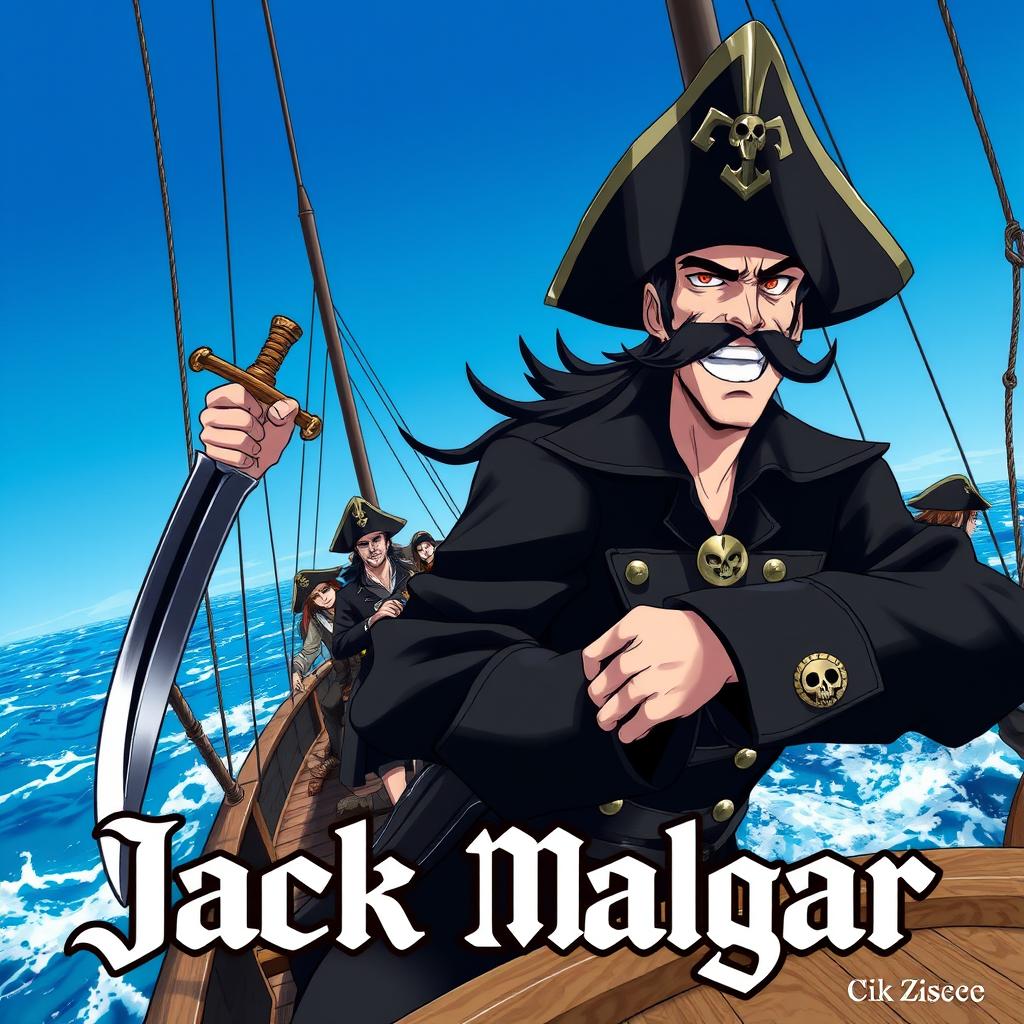 Cover art for a dark anime titled "Jack Malgar", featuring a wicked pirate captain grinning maliciously, holding a scimitar sword in his left hand