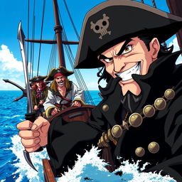 Cover art for a dark anime titled "Jack Malgar", featuring a wicked pirate captain grinning maliciously, holding a scimitar sword in his left hand