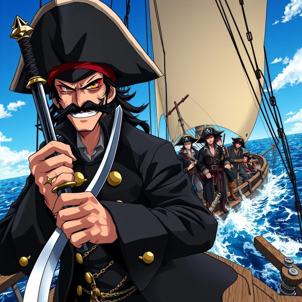 Cover art for a dark anime titled "Jack Malgar", featuring a wicked pirate captain grinning maliciously, holding a scimitar sword in his left hand