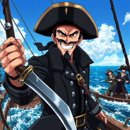 Cover art for a dark anime titled "Jack Malgar", featuring a wicked pirate captain grinning maliciously, holding a scimitar sword in his left hand