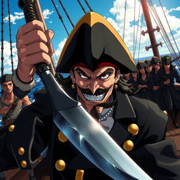 Cover art for a dark anime titled "Jack Malgar", featuring a wicked pirate captain grinning evilly, wielding a scimitar sword