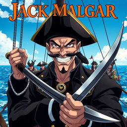 Cover art for a dark anime titled "Jack Malgar", featuring a wicked pirate captain grinning evilly, wielding a scimitar sword