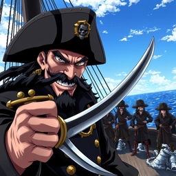 Cover art for a dark anime titled "Jack Malgar", featuring a wicked pirate captain grinning evilly, wielding a scimitar sword