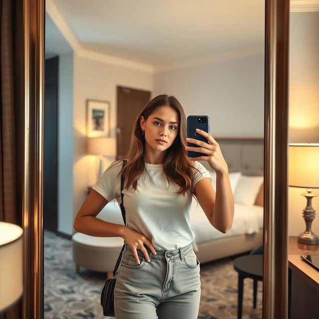 A beautiful young woman, 21 years old, with a natural and simple look, dressed in casual clothing, standing in a stylish hotel room