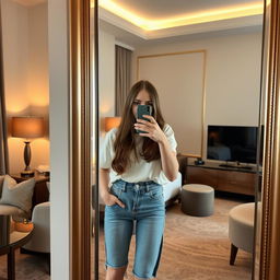 A beautiful young woman, 21 years old, with a natural and simple look, dressed in casual clothing, standing in a stylish hotel room