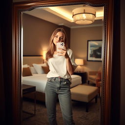 A beautiful young woman, 21 years old, with a natural and simple look, dressed in casual clothing, standing in a stylish hotel room