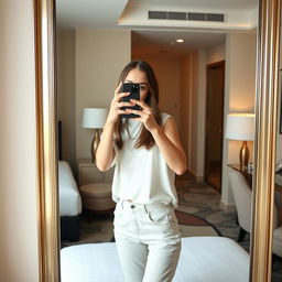 A beautiful young woman, 21 years old, with a natural and simple look, dressed in casual clothing, standing in a stylish hotel room