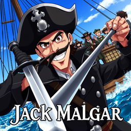 Cover art for a dark anime titled "Jack Malgar", featuring a sinister pirate captain grinning wickedly, brandishing a sword in a confident pose