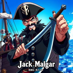 Cover art for a dark anime titled "Jack Malgar", featuring a sinister pirate captain grinning wickedly, brandishing a sword in a confident pose