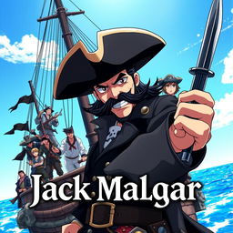 Cover art for a dark anime titled "Jack Malgar", featuring a sinister pirate captain grinning wickedly, brandishing a sword in a confident pose