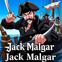 Cover art for a dark anime titled "Jack Malgar", featuring a sinister pirate captain grinning wickedly, brandishing a sword in a confident pose