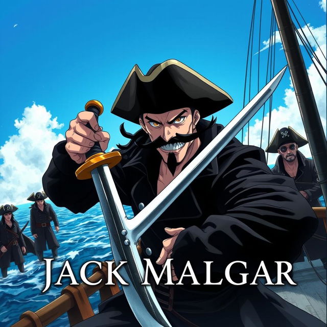 A dark anime cover titled 'Jack Malgar', featuring an evil pirate with a sinister smile