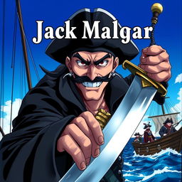 A dark anime cover titled 'Jack Malgar', featuring an evil pirate with a sinister smile